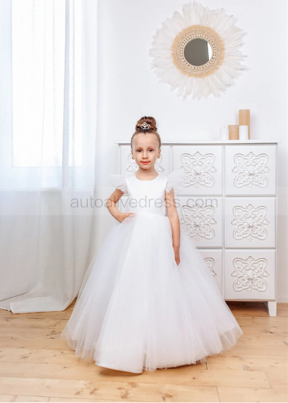 White Satin Tulle Flower Girl Dress With Removable Lace Train